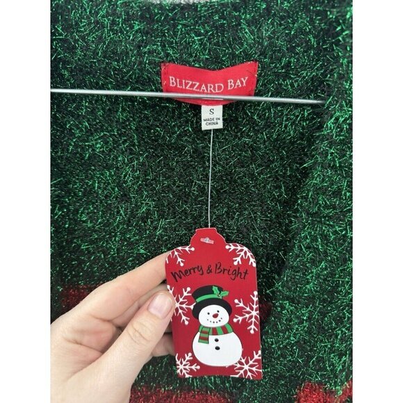 Blizzard Bay Christmas Sweater Women Small Green Holiday Sequin Bow Eyelash Knit - Picture 3 of 10
